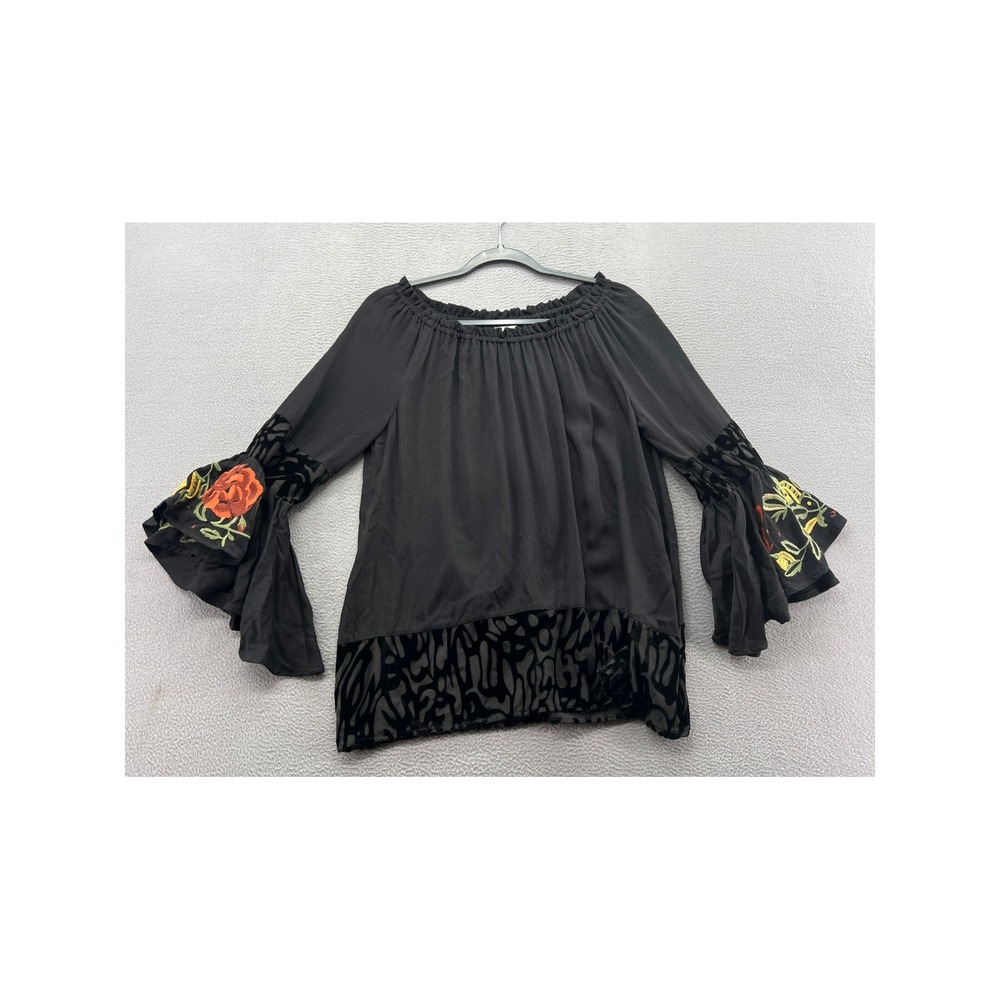 John Mark Blouse Womens XS Nomad Black Burnout Velvet Floral Embroidered Bell